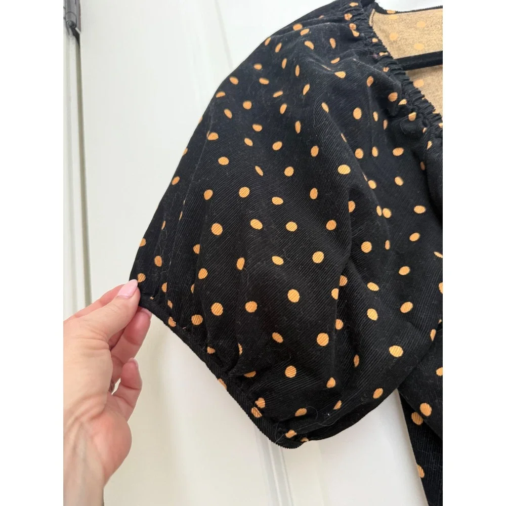 Madewell Womens Black Polka Dot Corduroy Wrap Top Puff Sleeve Size L